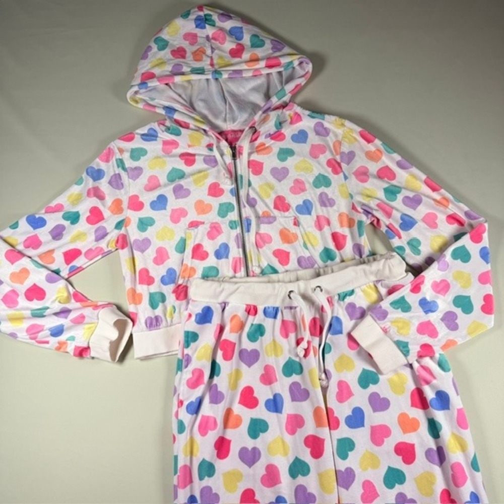 Sugar Thrillz Rainbow Heart Velour Tracksuit Set Cropped Hoodie Valentine NOTE